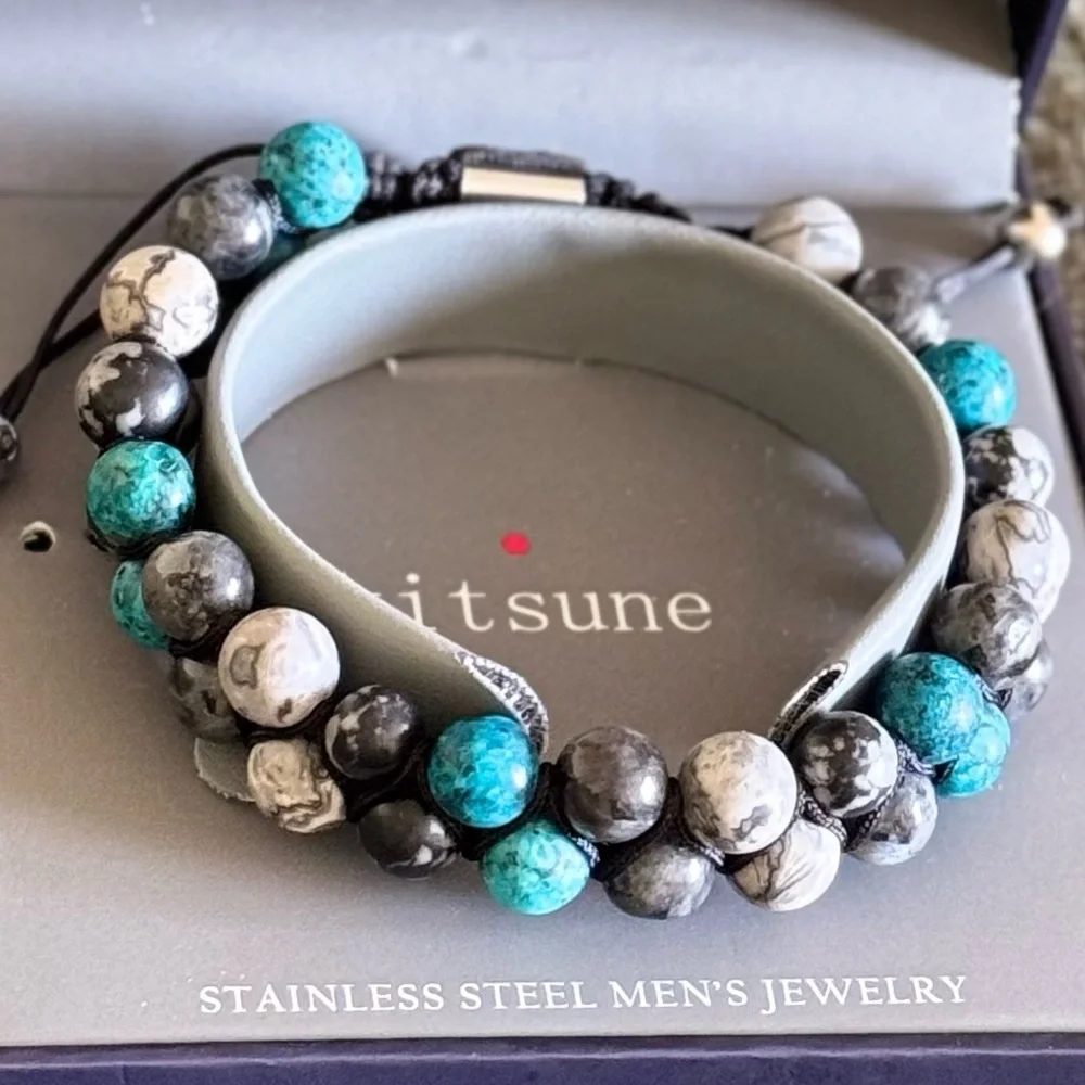 Maison Kitsune Bracelet Black Stainless Steel Stone Beads Boho Men's Jewelry